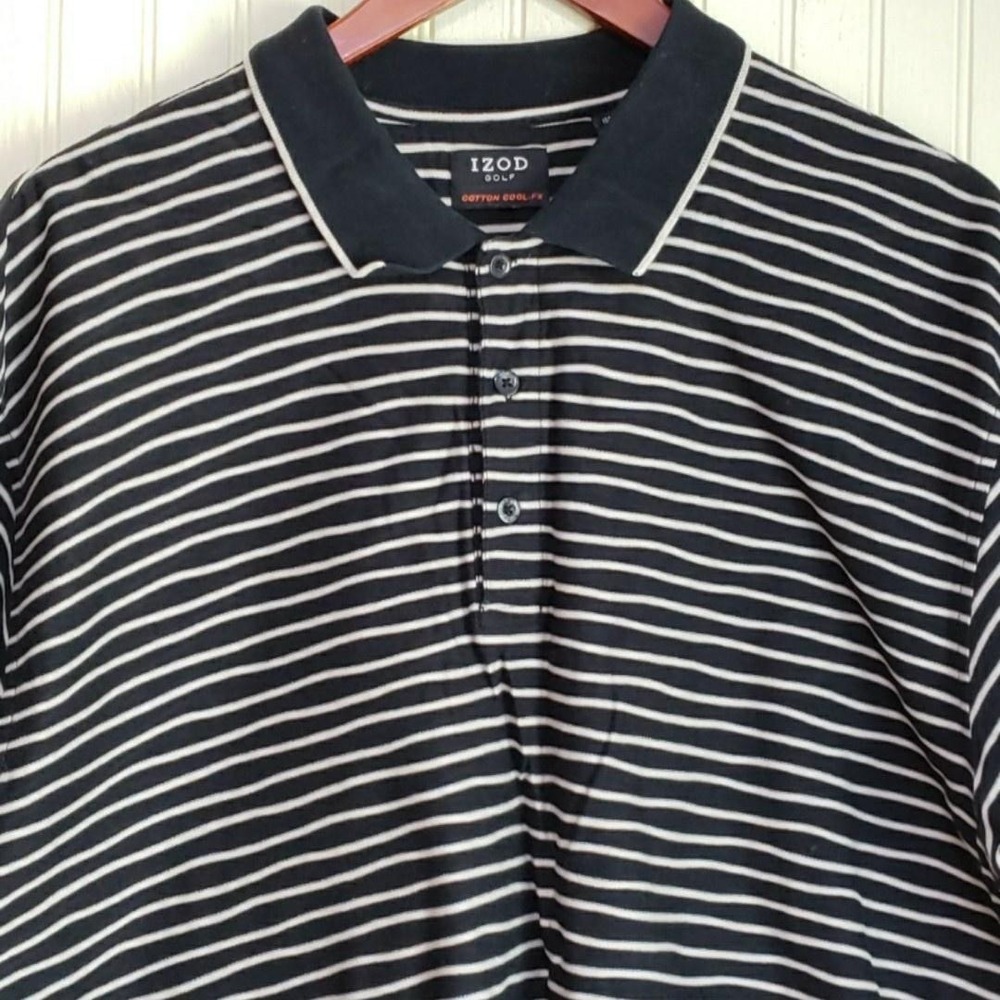 IZOD Golf Polo Shirt Mens L Black White Stripe 100% Cotton Cool-FX Golf Top